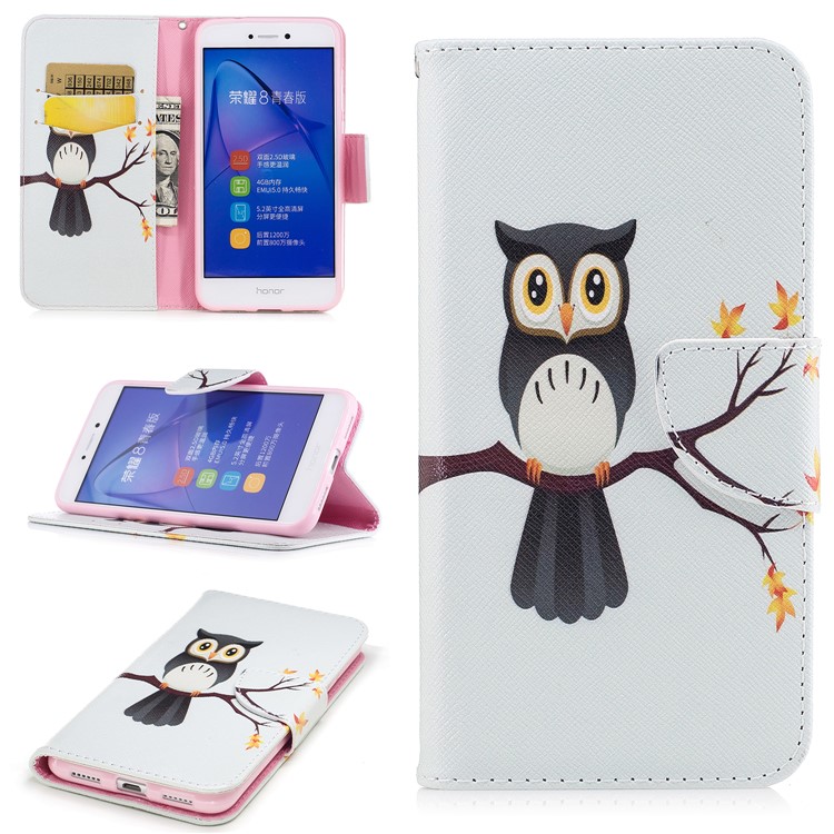 Pattern Printing Magnetic Leather Wallet Phone Casing with Stand for Huawei P8 Lite (2017) / Honor 8 Lite - Owl-1