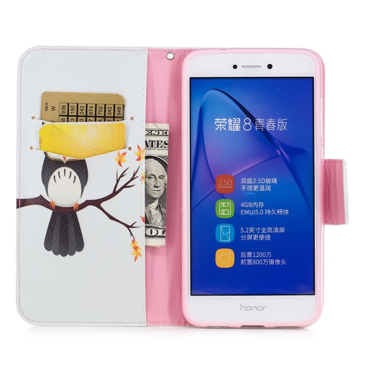 Pattern Printing Magnetic Leather Wallet Phone Casing with Stand for Huawei P8 Lite (2017) / Honor 8 Lite - Owl-8