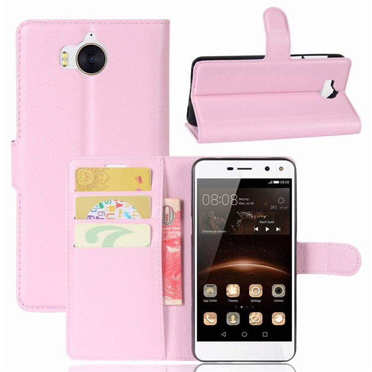 For Huawei Y5 (2017) / Y6 (2017) Litchi Texture PU Leather Card Slots Stand Phone Shell - Pink-1