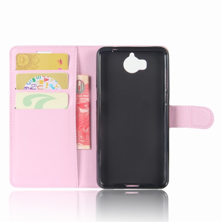 Para Huawei Y5 (2017) / Y6 (2017) Litchi Texture PU Tarjeta De Cuero Slots Stand Phone Shell - Rosa-3