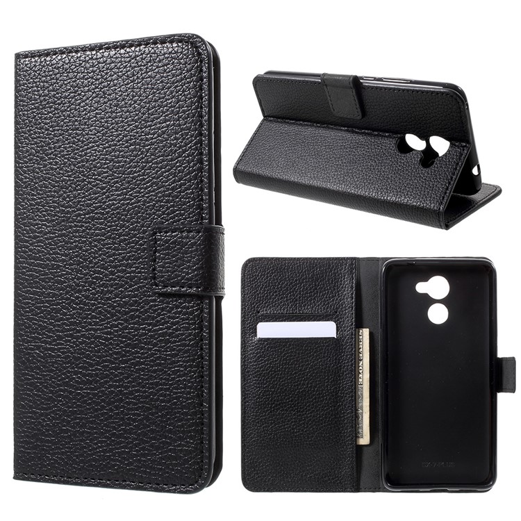 Litchi Skin PU Leather Wallet Stand Phone Case for Huawei Y7 (2017) - Black-1