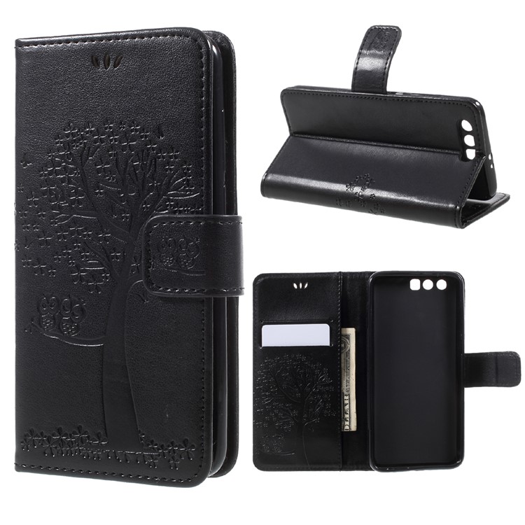 Imprint Tree Owl Magnetic Wallet PU Leather Stand Cover for Huawei Honor 9 - Black-1