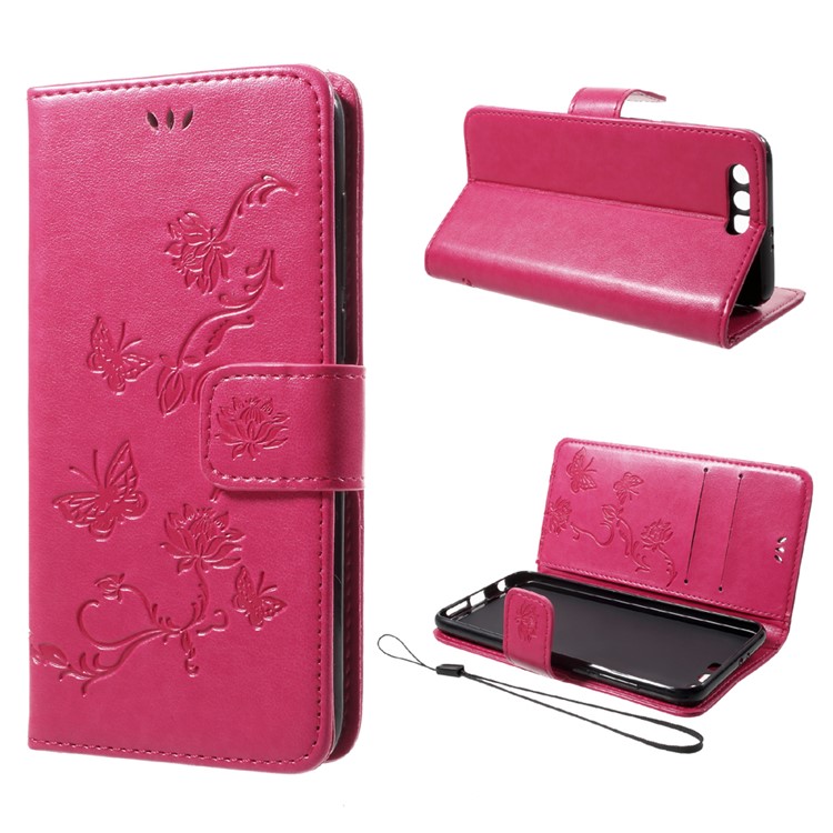For Huawei Honor 9 Imprint Butterfly Flowers Magnetic PU Wallet Stand Leather Case with Strap - Rose