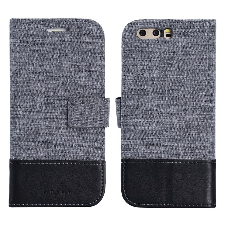 MUXMA Leather Canvas Splicing Stand Folio Cell Phone Cover Shell for Huawei P10 - Black-1