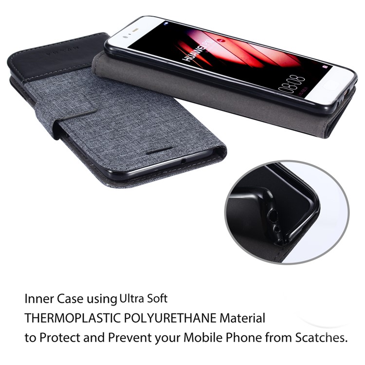 MUXMA Leather Canvas Splicing Stand Folio Cell Phone Cover Shell for Huawei P10 - Black-11