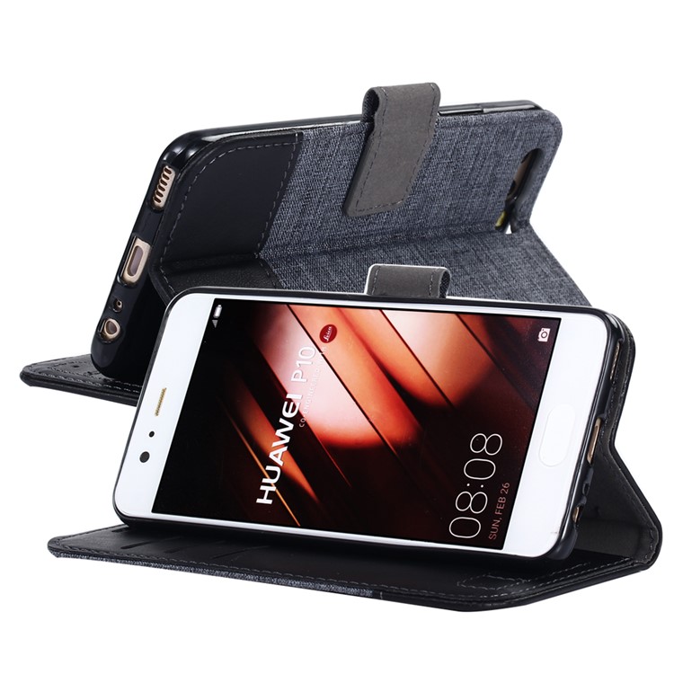 MUXMA Cuir Canvas Splicing Stand Folio Cellule de Téléphone Portable Shel de Téléphone Pour Huawei P10 - le Noir