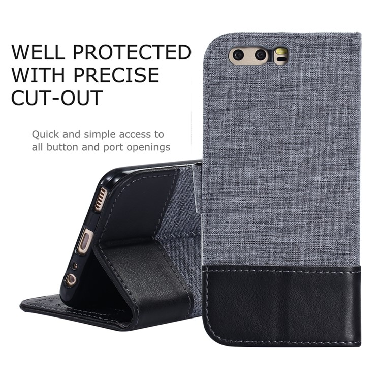 MUXMA Leather Canvas Splicing Stand Folio Cell Phone Cover Shell for Huawei P10 - Black-9