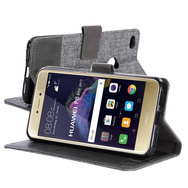 MUXMA for Huawei P8 Lite (2017) / Honor 8 Lite Leather Canvas Splicing Stand Mobile Phone Casing - Grey-9