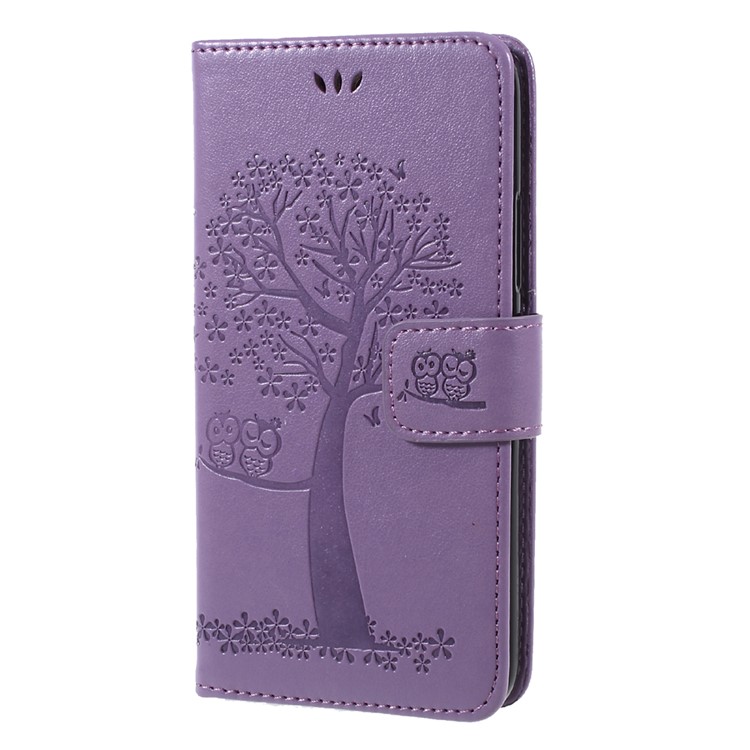 Imprint Tree Owl Magnetic Wallet PU Leather Case with Stand for Motorola Moto G5S - Purple-3