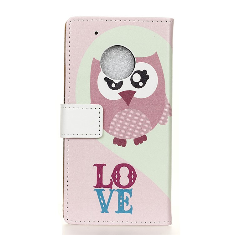 Pattern Printing Leather Wallet Case for Motorola Moto E4 US Version - Pink Owl and LOVE Pattern-2