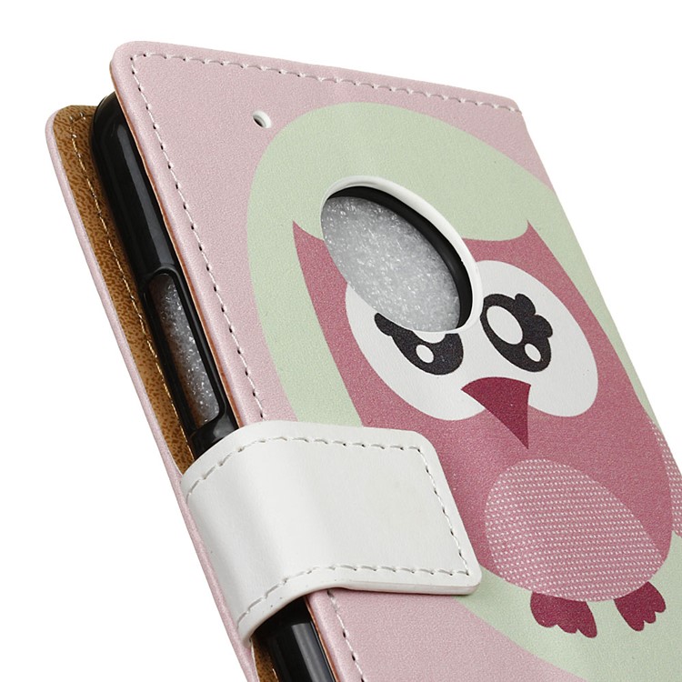 Pattern Printing Leather Wallet Case for Motorola Moto E4 US Version - Pink Owl and LOVE Pattern-3