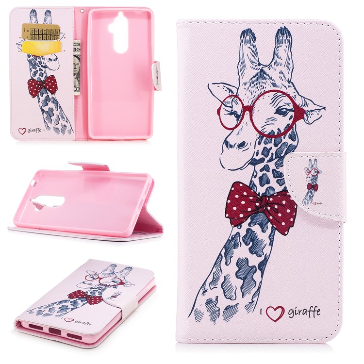Pattern Printing PU Leather Wallet Stand Phone Case for Lenovo K8 Note - Giraffe Wearing Glasses-1