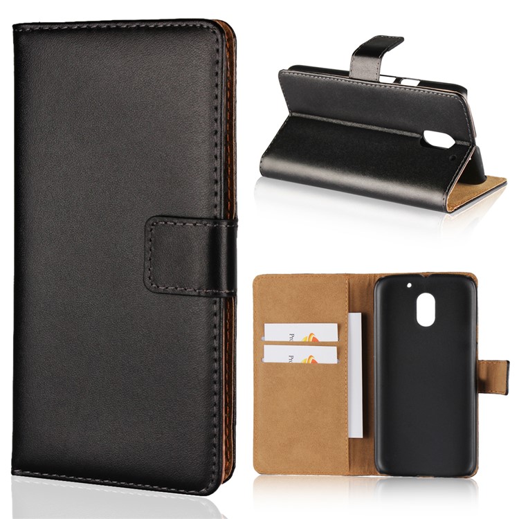For Motorola Moto E3 Genuine Split Leather Wallet Case with Stand - Black-1