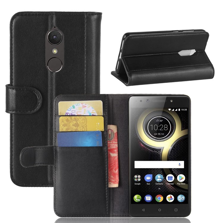 Genuine Leather Wallet Stand Cell Phone Case for Lenovo K8 - Black-1
