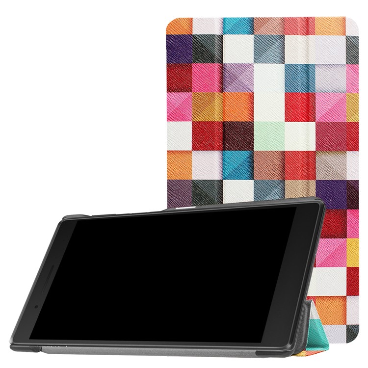 For Lenovo Tab 7 Essential (2017) / Tab 4 7 Pattern Printing Leather Tri-fold Stand Case - Colorful Triangles Grids-1