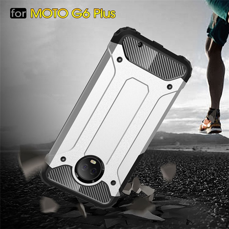 For Motorola Moto G6 Plus Heavy Duty Rugged Combo Phone Case (Plastic + TPU) - Silver-3