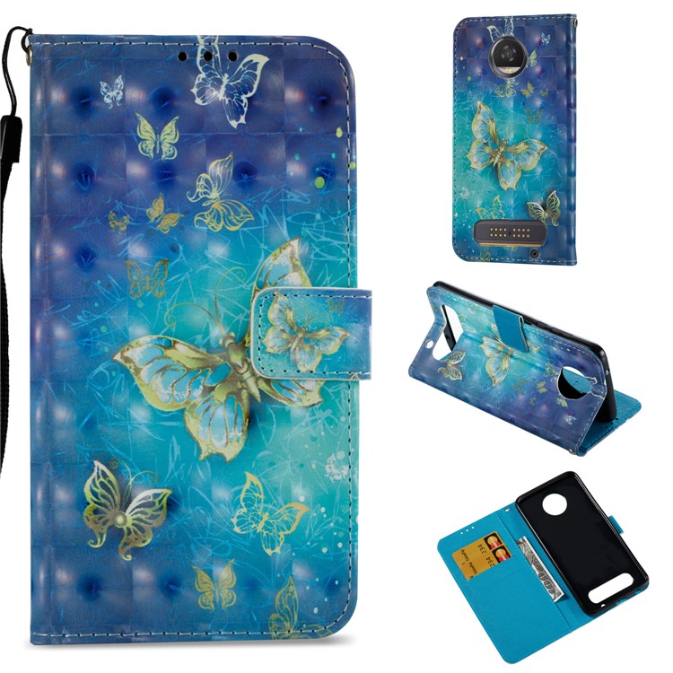 3D Pattern Printing Wallet Stand Leather Case for Motorola Moto Z2 Play - Gold Butterfly-1