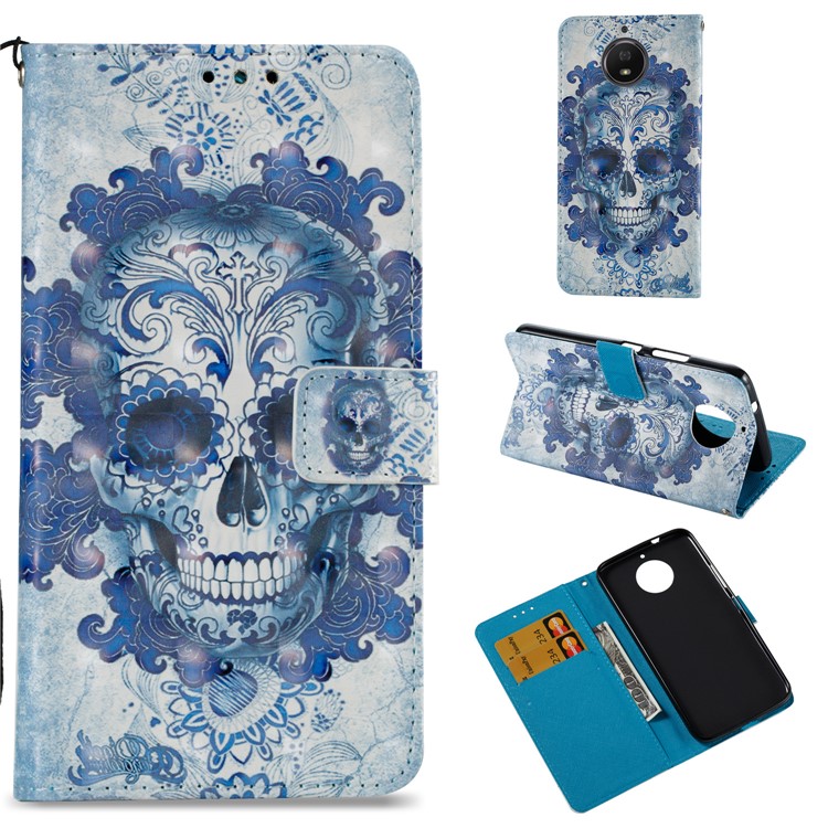 Patterned Wallet Leather Stand Case for Motorola Moto G5S Plus - Flowered Skull Pattern-1