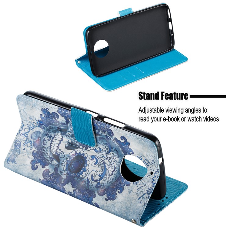 Patterned Wallet Leather Stand Case for Motorola Moto G5S Plus - Flowered Skull Pattern-5