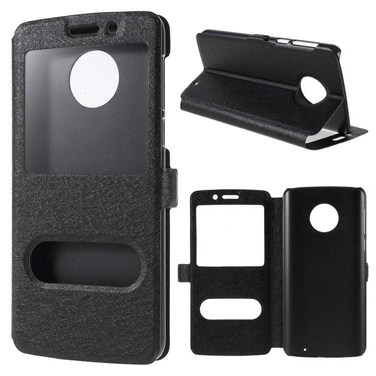 Silk Texture Dual View Window Leather Stand Cover for Motorola Moto G6 Plus - Black-1