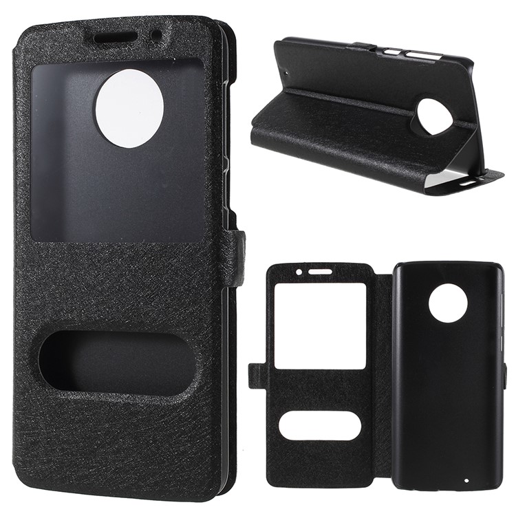 Silk Texture Dual Window Leather Case with Stand for Motorola Moto G6 - Black-1