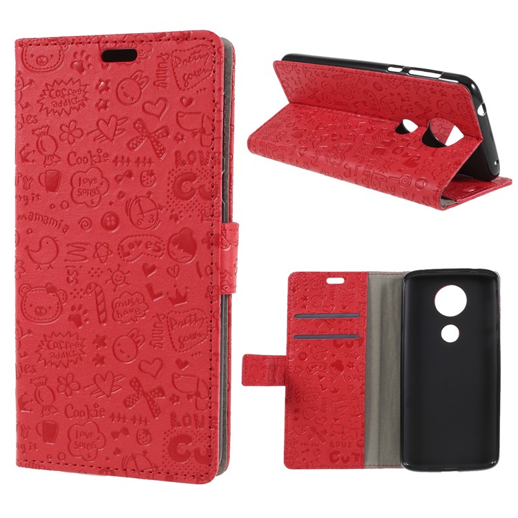 Cartoon Graffiti PU Leather Wallet Stand Case for Motorola Moto E5 Plus - Red-1