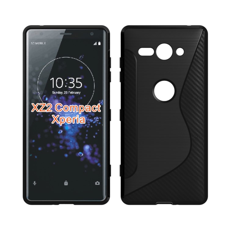 For Sony Xperia XZ2 Compact S Shape Carbon Fiber Texture Brushed TPU Back Case - Black-1