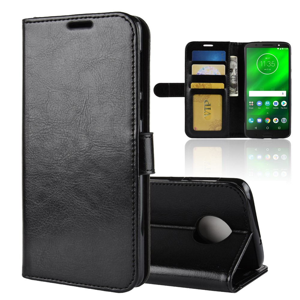 Crazy Horse Leder Stand Wallet Phone Case Für Motorola Moto G6 Plus - Schwarz