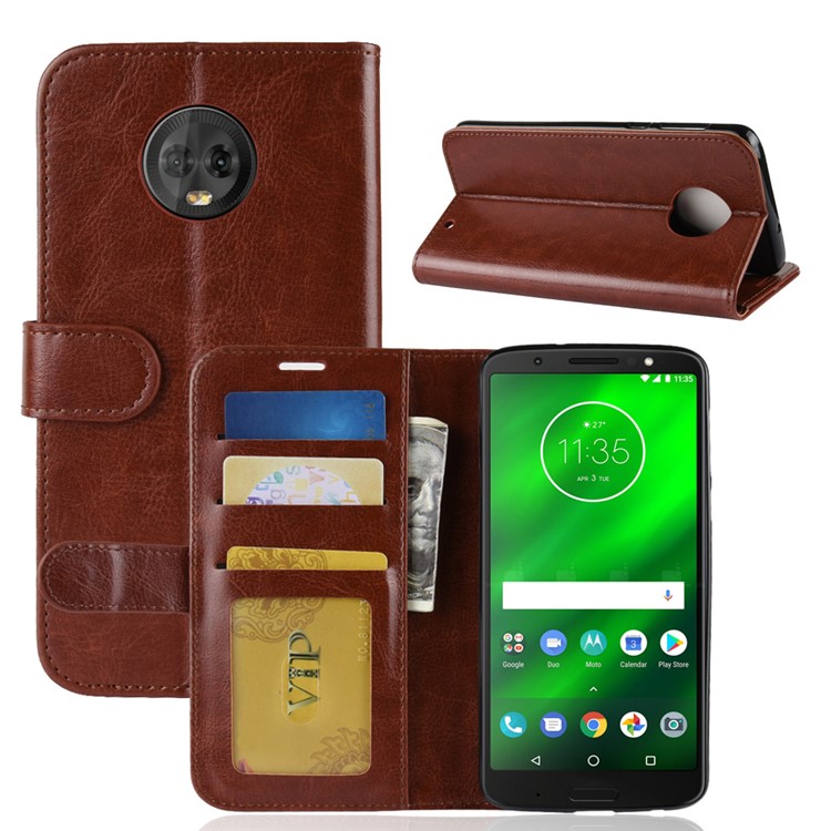 Crazy Horse Leather Stand Wallet Phone Casing for Motorola Moto G6 Plus - Brown-3