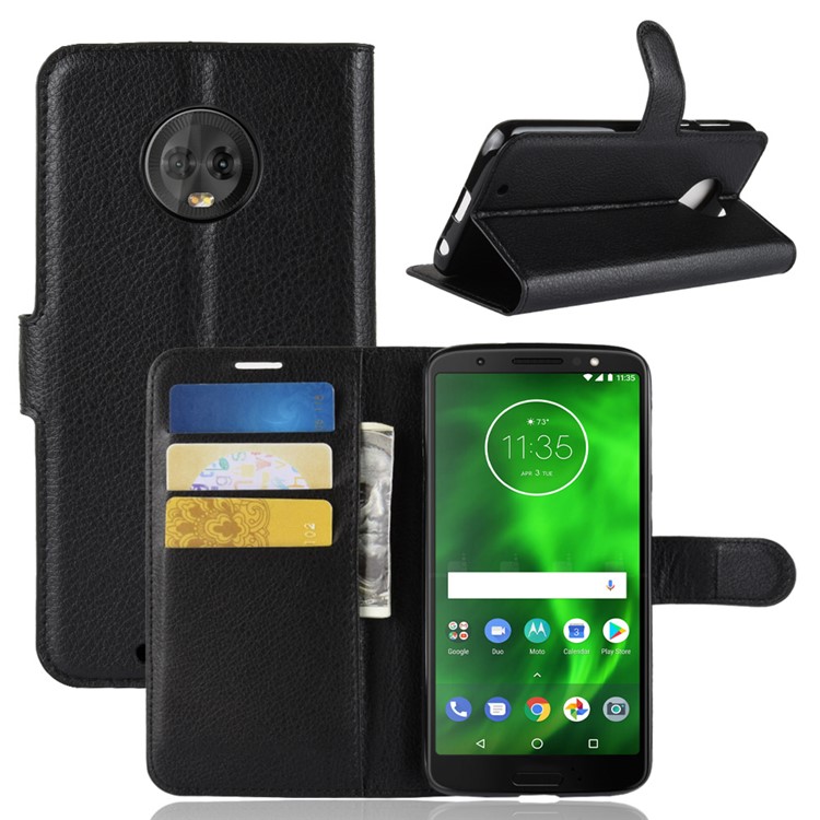 Lichia Textura Carteira Stand Leather Flip Case Para Motorola Moto G6 - Preto-1