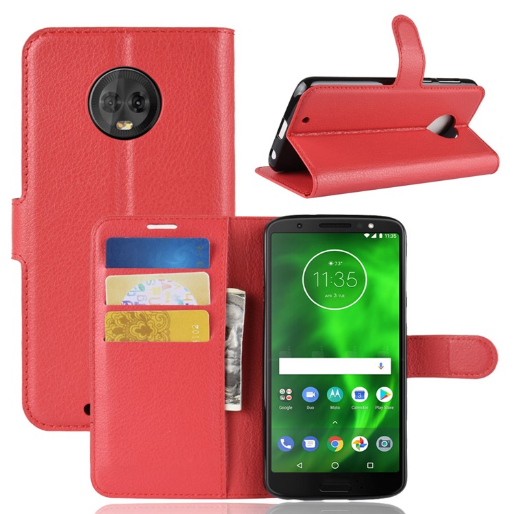 Litchi Texture Wallet Stand Leather Flip Shell for Motorola Moto G6 - Red-1
