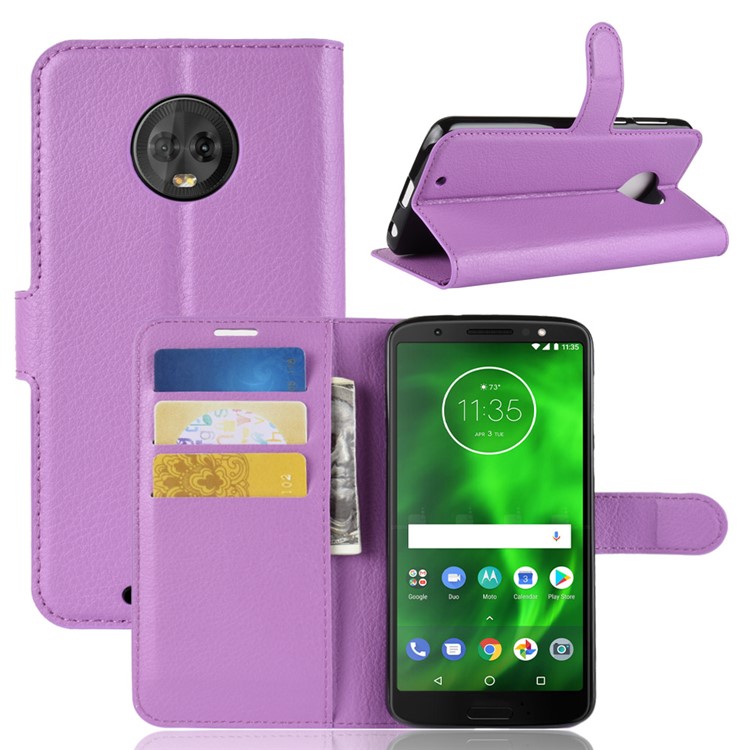Litchi Texture Wallet Stand Leather Mobile Phone Cover for Motorola Moto G6 - Purple-1