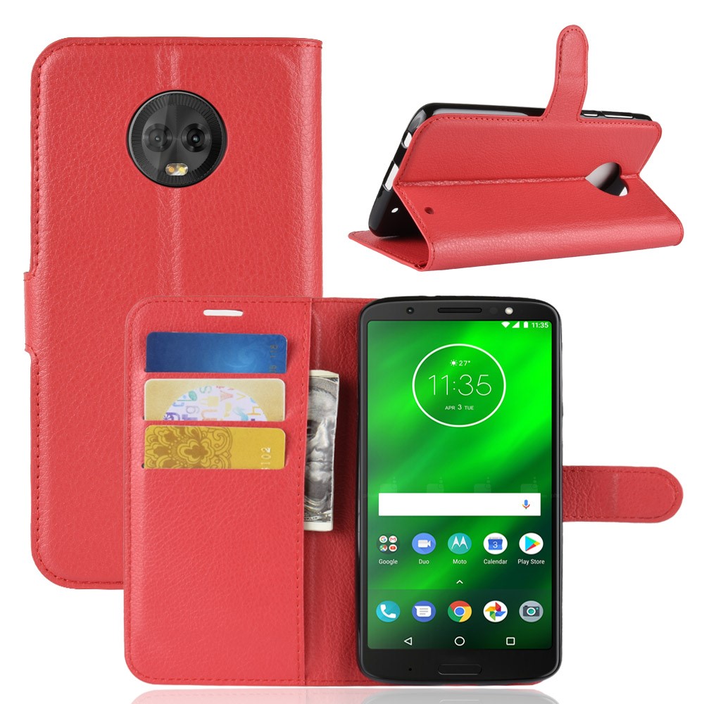 Litchi Texture Wallet Stand Leather Phone Case for Motorola Moto G6 Plus - Red-1