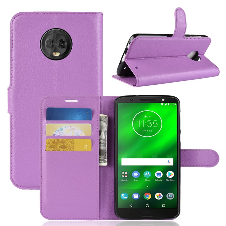 Litchi Texture Wallet Stand Leather Phone Accessory Case for Motorola Moto G6 Plus - Purple-1