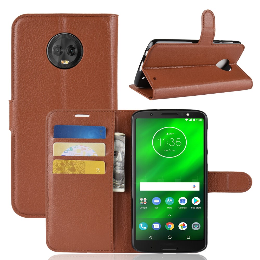 Litchi Texture Wallet Stand Leather Protective Shell for Motorola Moto G6 Plus - Brown-1