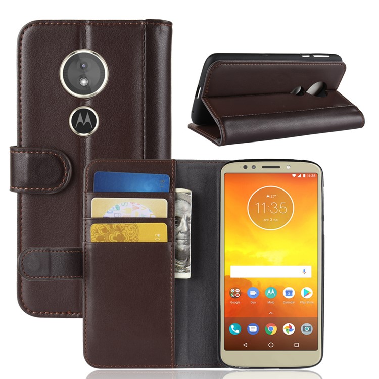 Genuine Split Leather Flip Stand Wallet Protection Shell for Motorola Moto E5 - Brown-1