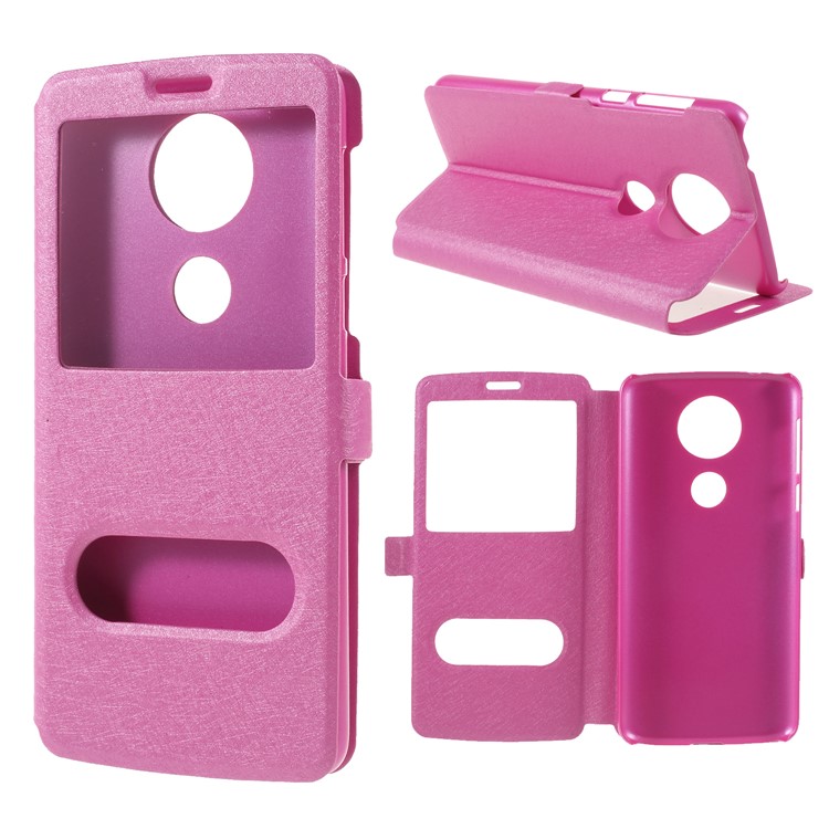 Silk Texture Dual View Window Leather Flip Case for Motorola Moto E5 - Rose-1