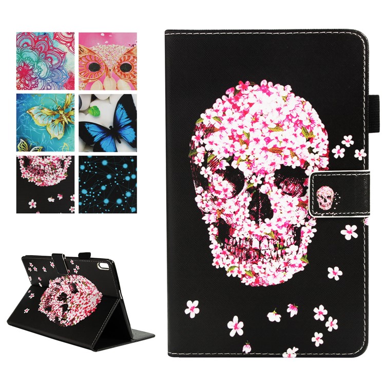 For Lenovo Tab 4 10 Pattern Printing Wallet Stand Case - Flowered Skull-10