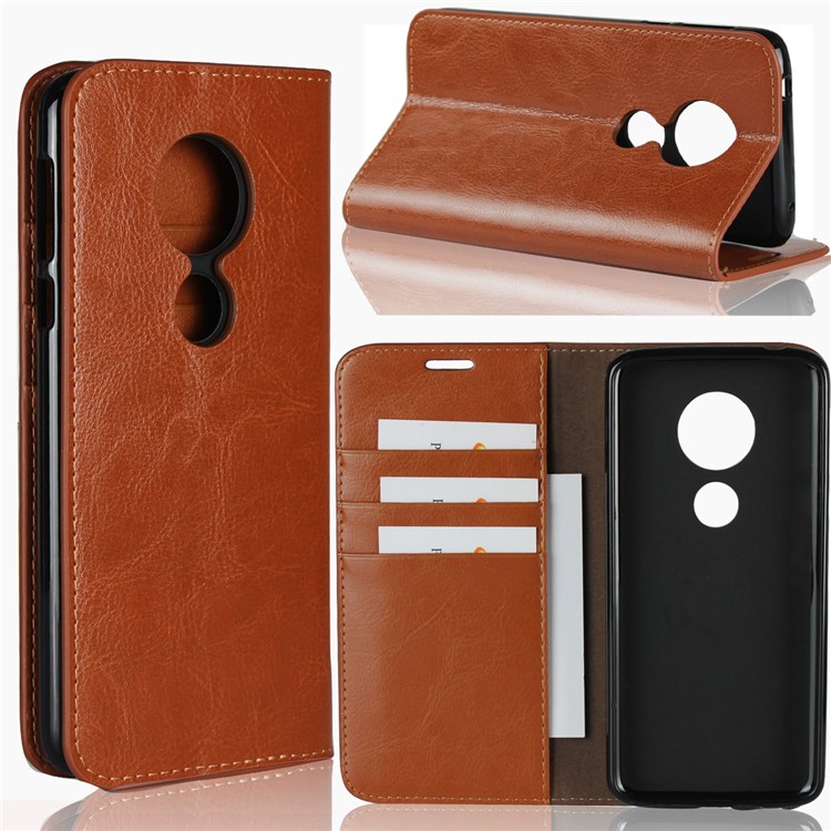 Crazy Horse Texture Genuine Leather Wallet Stand Mobile Shell for Motorola Moto E5 / Moto G6 Play - Brown-1