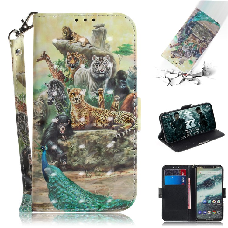 Patterned Wallet Stand PU Leather Cell Phone Casing for Motorola One / P30 Play - Animals Getting Together-1