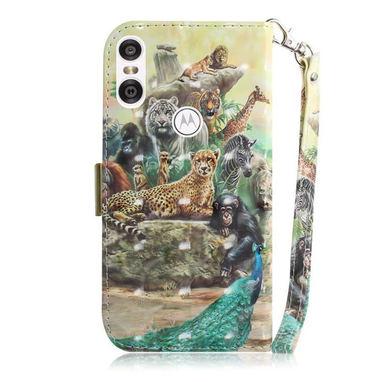Patterned Wallet Stand PU Leather Cell Phone Casing for Motorola One / P30 Play - Animals Getting Together-3