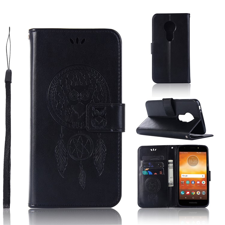 Imprint Owl Dream Catcher Wallet Stand Leather Casing for Motorola Moto E5 Play Go - Black-1