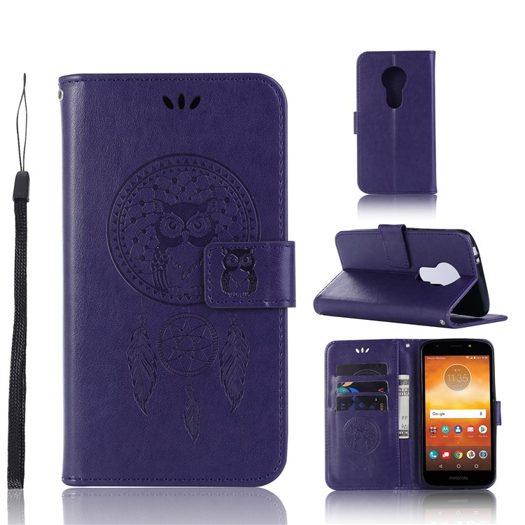 Imprint Owl Dream Catcher Leather Wallet Stand Case for Motorola Moto E5 Play Go - Purple-1