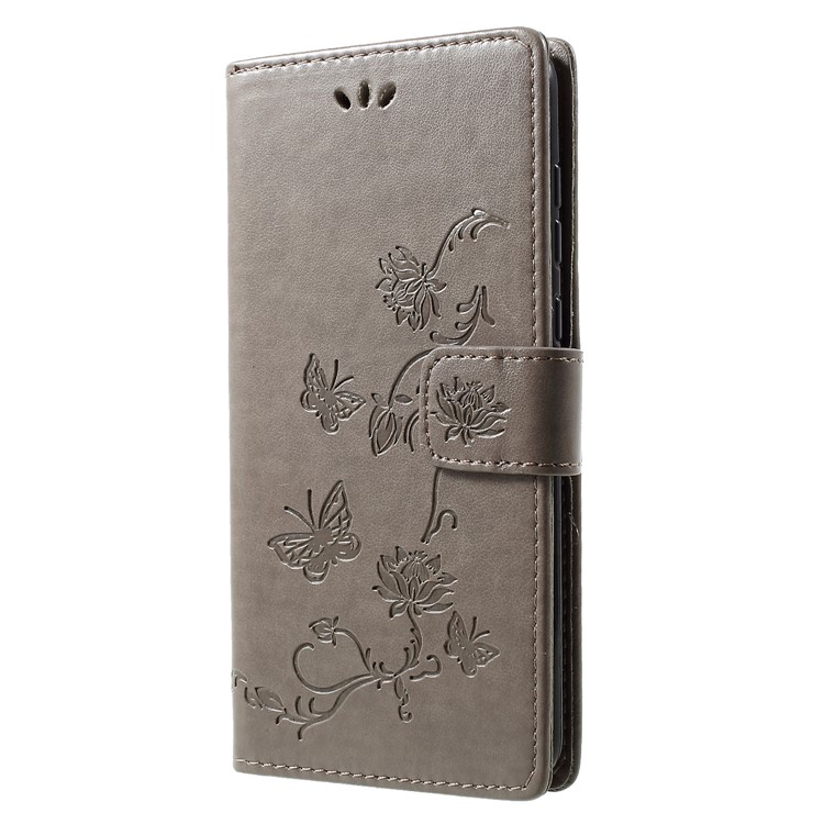 Imprint Butterfly Flowers Leather Wallet Case Cover for Motorola Moto G7 / G7 Plus - Grey-3