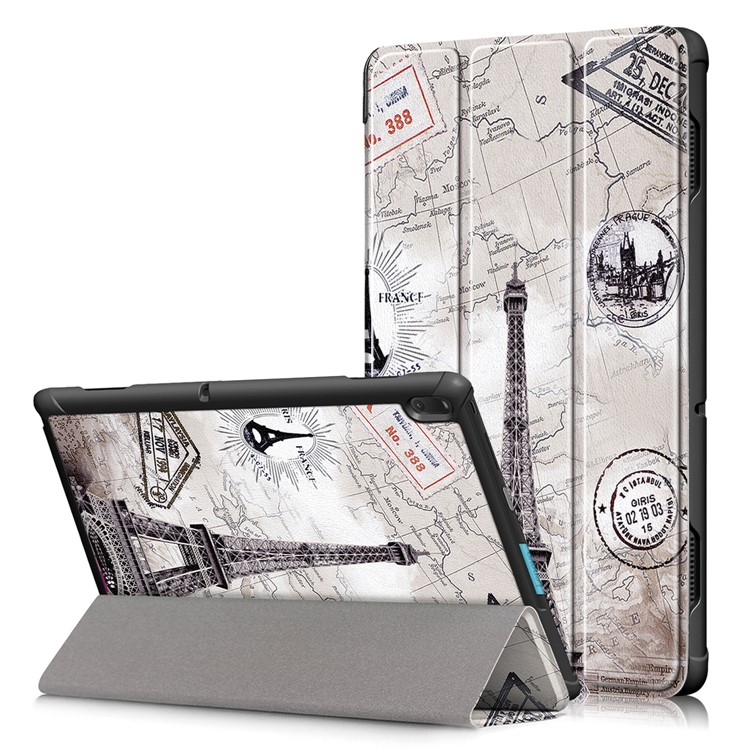 Pattern Printing PU Leather Flip Shell with Tri-fold Stand for Lenovo Tab E10 TB-X104F - Eiffel Tower and Map-1