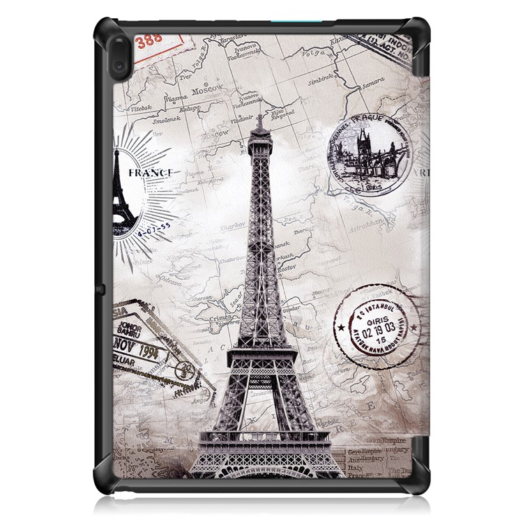 Pattern Printing PU Leather Flip Shell with Tri-fold Stand for Lenovo Tab E10 TB-X104F - Eiffel Tower and Map-3