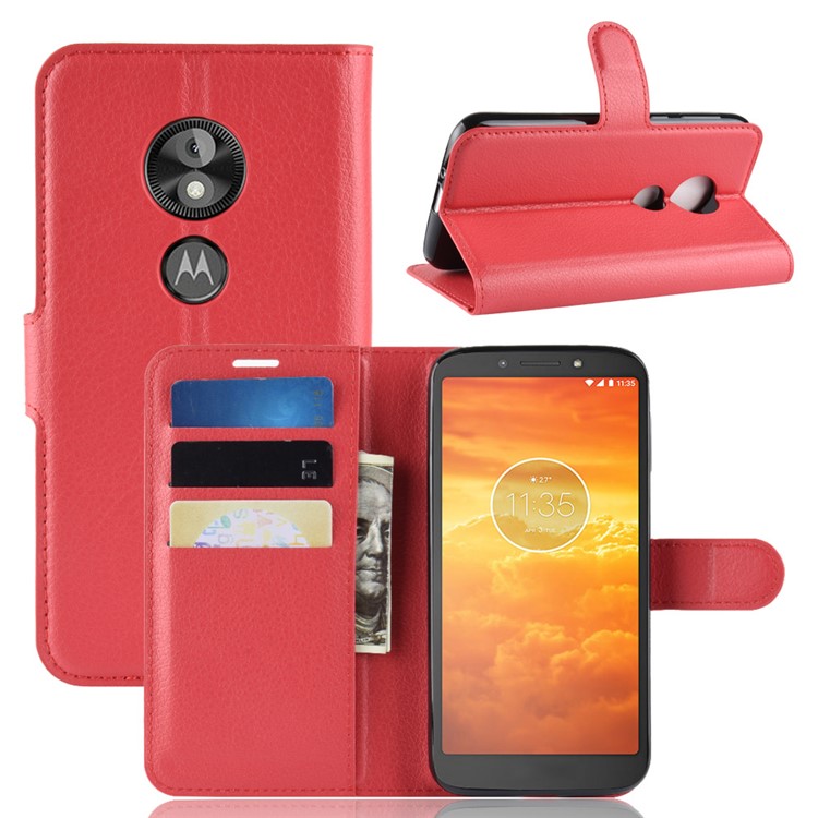 Litchi Skin PU Leather Magnetic Wallet Stand Casing for Motorola Moto E5 Play Go - Red-1