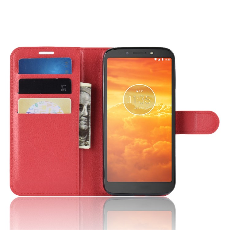 Litchi Skin PU Leather Magnetic Wallet Stand Casing for Motorola Moto E5 Play Go - Red-4