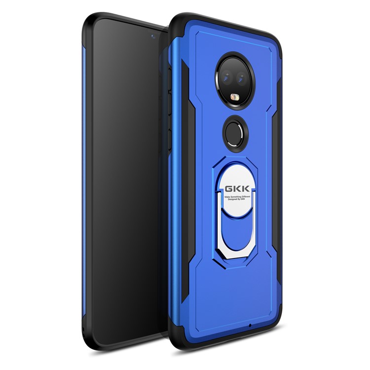 GKK 360 Degree Rotating Magnetic Finger Ring Kickstand TPU+PC Hybrid Phone Casing for Motorola Moto G7 / G7 Plus - Blue-1