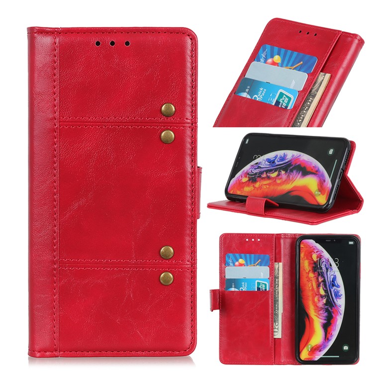 Rivet Decorated Leather Stand Wallet Magnetic Case for Motorola Moto G7 Power - Red-1